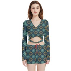 Flowers Pattern Design Abstract Velvet Wrap Crop Top And Shorts Set