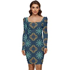 Flowers Pattern Design Abstract Women Long Sleeve Ruched Stretch Jersey Dress