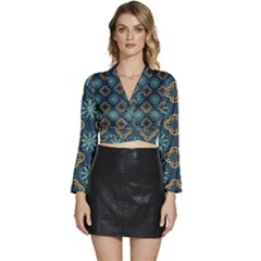 Flowers Pattern Design Abstract Long Sleeve Tie Back Satin Wrap Top