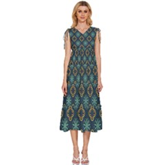 Flowers Pattern Design Abstract V-neck Drawstring Shoulder Sleeveless Maxi Dress