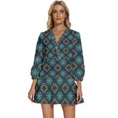 Flowers Pattern Design Abstract V-neck Placket Mini Dress