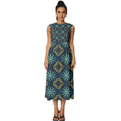 Flowers Pattern Design Abstract Sleeveless Round Neck Midi Dress