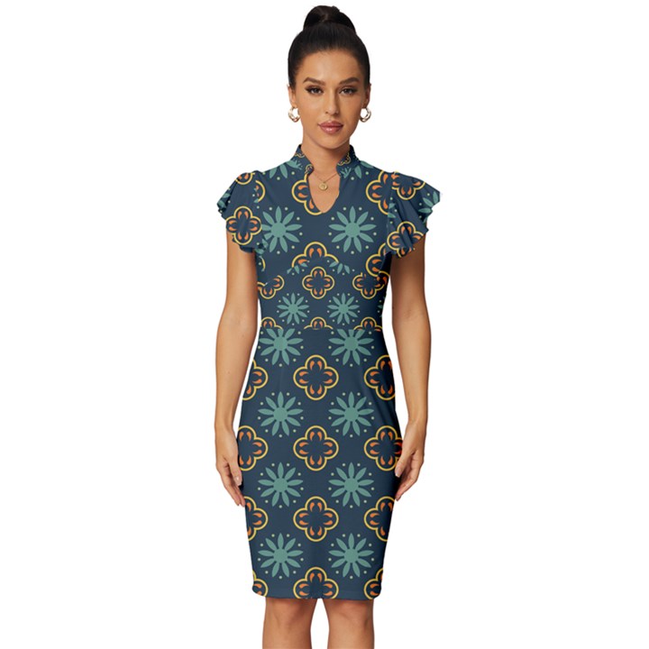 Flowers Pattern Design Abstract Vintage Frill Sleeve V-Neck Bodycon Dress