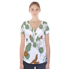 Nasturtium Flowers Plant Leaves Short Sleeve Front Detail Top