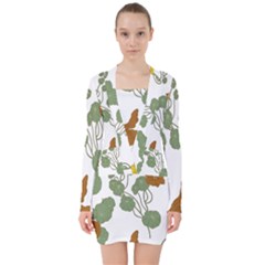 Nasturtium Flowers Plant Leaves V-neck Bodycon Long Sleeve Dress