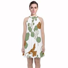 Nasturtium Flowers Plant Leaves Velvet Halter Neckline Dress 