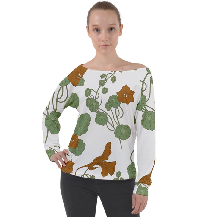 Nasturtium Flowers Plant Leaves Off Shoulder Long Sleeve Velour Top