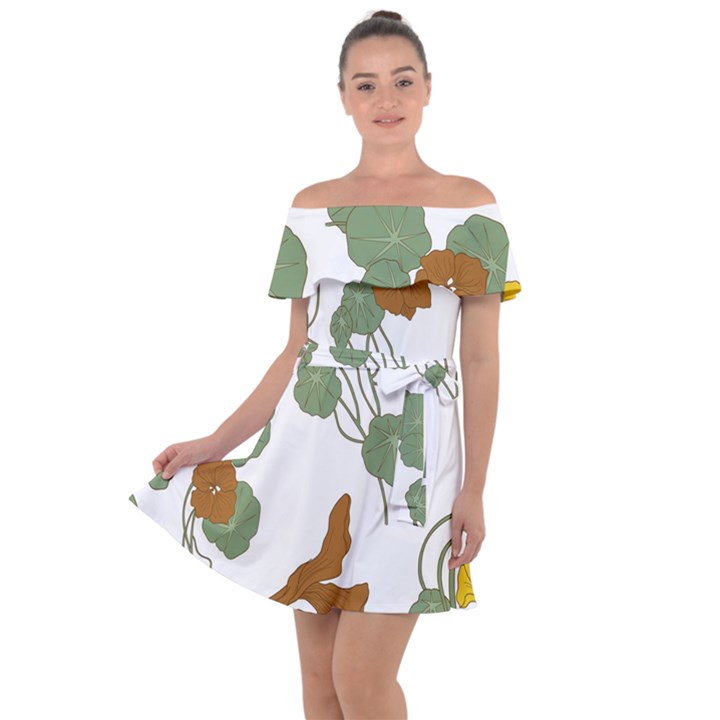 Nasturtium Flowers Plant Leaves Off Shoulder Velour Dress