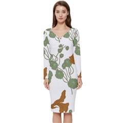 Nasturtium Flowers Plant Leaves Long Sleeve V-Neck Bodycon Dress 