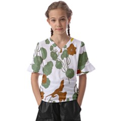 Nasturtium Flowers Plant Leaves Kids  V-neck Horn Sleeve Blouse