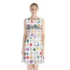 Snails Butterflies Pattern Seamless Sleeveless Waist Tie Chiffon Dress