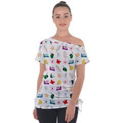 Snails Butterflies Pattern Seamless Off Shoulder Tie-up T-shirt