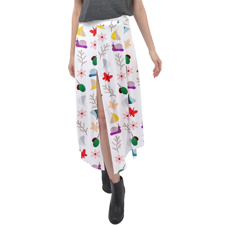 Snails Butterflies Pattern Seamless Velour Split Maxi Skirt