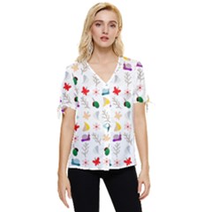 Snails Butterflies Pattern Seamless Bow Sleeve Button Up Top