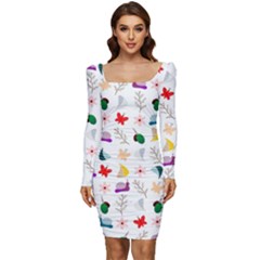 Snails Butterflies Pattern Seamless Women Long Sleeve Ruched Stretch Jersey Dress by Maspions