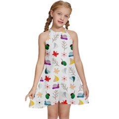 Snails Butterflies Pattern Seamless Kids  Halter Collar Waist Tie Chiffon Dress