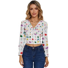 Snails Butterflies Pattern Seamless Long Sleeve V-neck Top