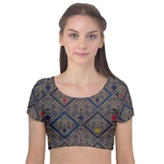 Pattern Seamless Antique Luxury Velvet Short Sleeve Crop Top 