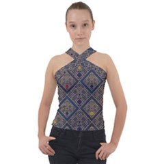 Pattern Seamless Antique Luxury Cross Neck Velour Top