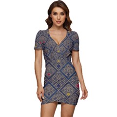 Pattern Seamless Antique Luxury Low Cut Cap Sleeve Mini Dress