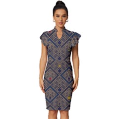 Pattern Seamless Antique Luxury Vintage Frill Sleeve V-neck Bodycon Dress by Maspions