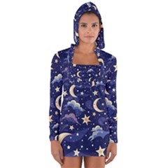 Night Moon Seamless Long Sleeve Hooded T-shirt by Maspions