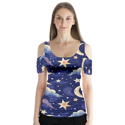 Night Moon Seamless Butterfly Sleeve Cutout T-shirt  by Maspions