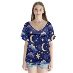 Night Moon Seamless V-neck Flutter Sleeve Top