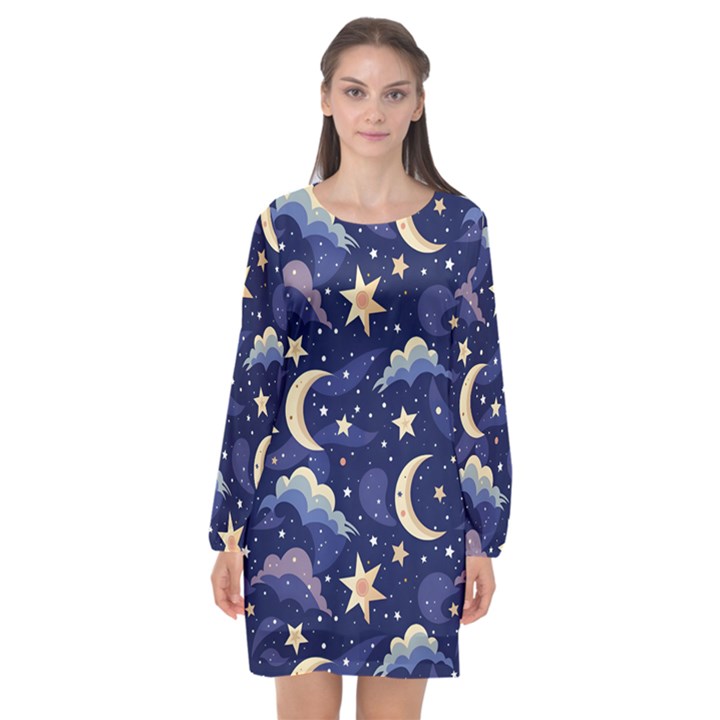 Night Moon Seamless Long Sleeve Chiffon Shift Dress 