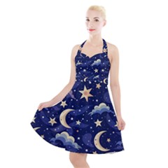 Night Moon Seamless Halter Party Swing Dress 