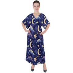 Night Moon Seamless V-neck Boho Style Maxi Dress