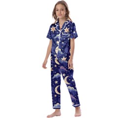 Night Moon Seamless Kids  Satin Short Sleeve Pajamas Set