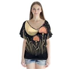 Flowers Space V-neck Flutter Sleeve Top