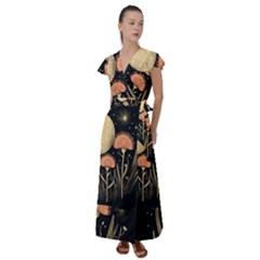 Flowers Space Flutter Sleeve Maxi Dress