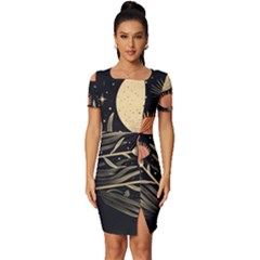 Flowers Space Fitted Knot Split End Bodycon Dress by Maspions