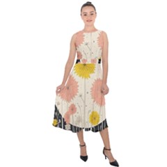 Space Flowers Universe Galaxy Midi Tie-back Chiffon Dress