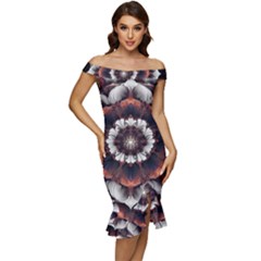 Mandala Design Pattern Off Shoulder Ruffle Split Hem Bodycon Dress by Maspions