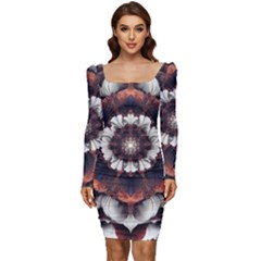 Mandala Design Pattern Women Long Sleeve Ruched Stretch Jersey Dress