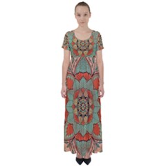 Mandala Floral Decorative Flower High Waist Short Sleeve Maxi Dress