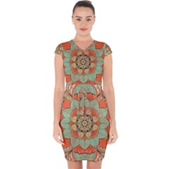 Mandala Floral Decorative Flower Capsleeve Drawstring Dress 