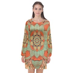 Mandala Floral Decorative Flower Long Sleeve Chiffon Shift Dress 