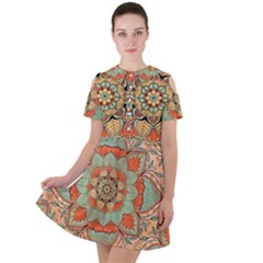 Mandala Floral Decorative Flower Short Sleeve Shoulder Cut Out Dress 