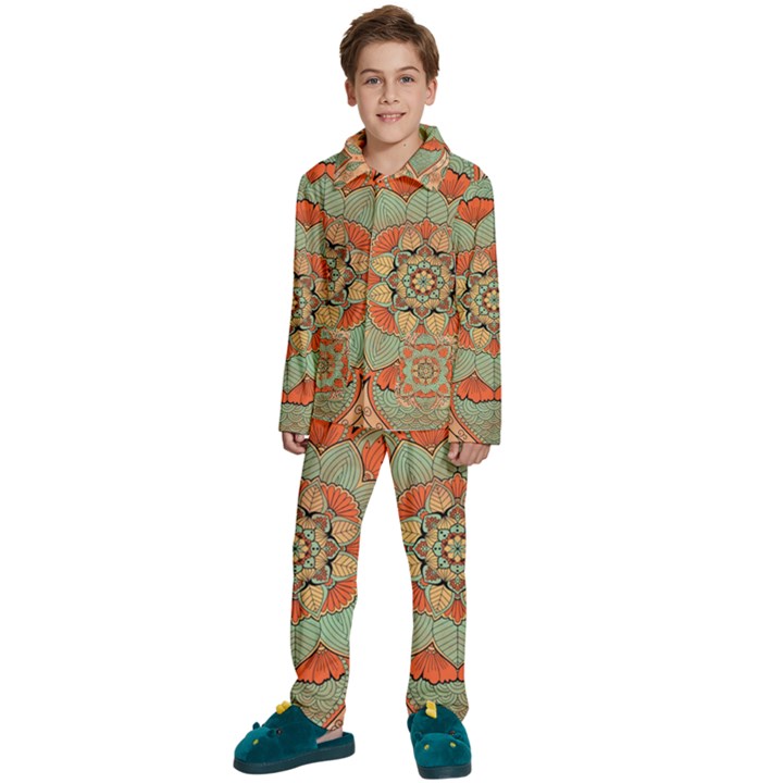 Mandala Floral Decorative Flower Kids  Long Sleeve Velvet Pajamas Set