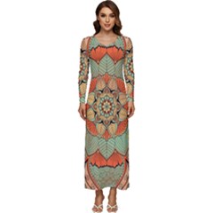 Mandala Floral Decorative Flower Long Sleeve Longline Maxi Dress