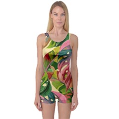 Monstera Colorful Leaves Foliage One Piece Boyleg Swimsuit