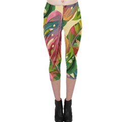 Monstera Colorful Leaves Foliage Capri Leggings  by Maspions