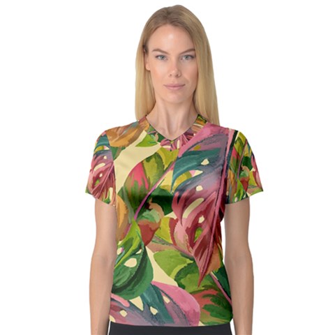 Monstera Colorful Leaves Foliage V-neck Sport Mesh T-shirt by Maspions