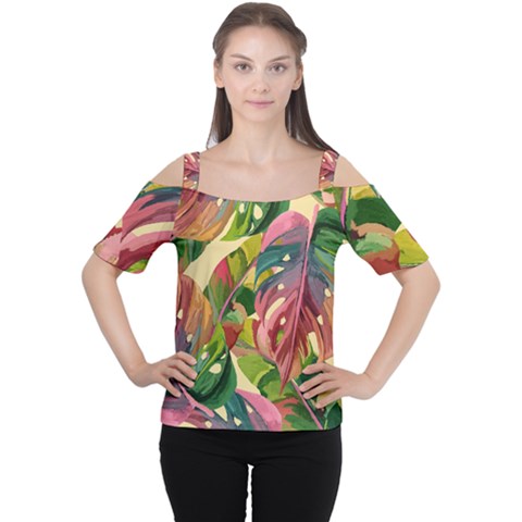 Monstera Colorful Leaves Foliage Cutout Shoulder T-shirt by Maspions