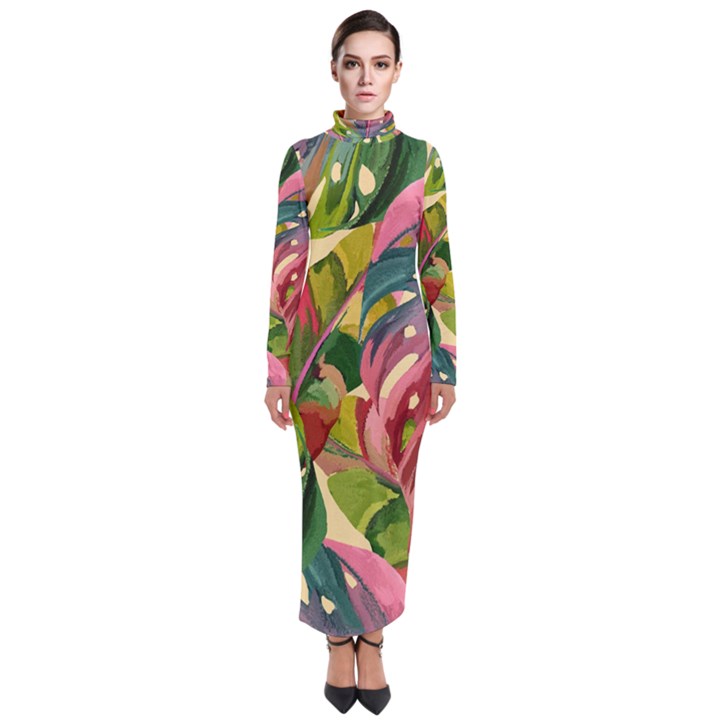 Monstera Colorful Leaves Foliage Turtleneck Maxi Dress