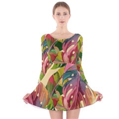 Monstera Colorful Leaves Foliage Long Sleeve Velvet Skater Dress